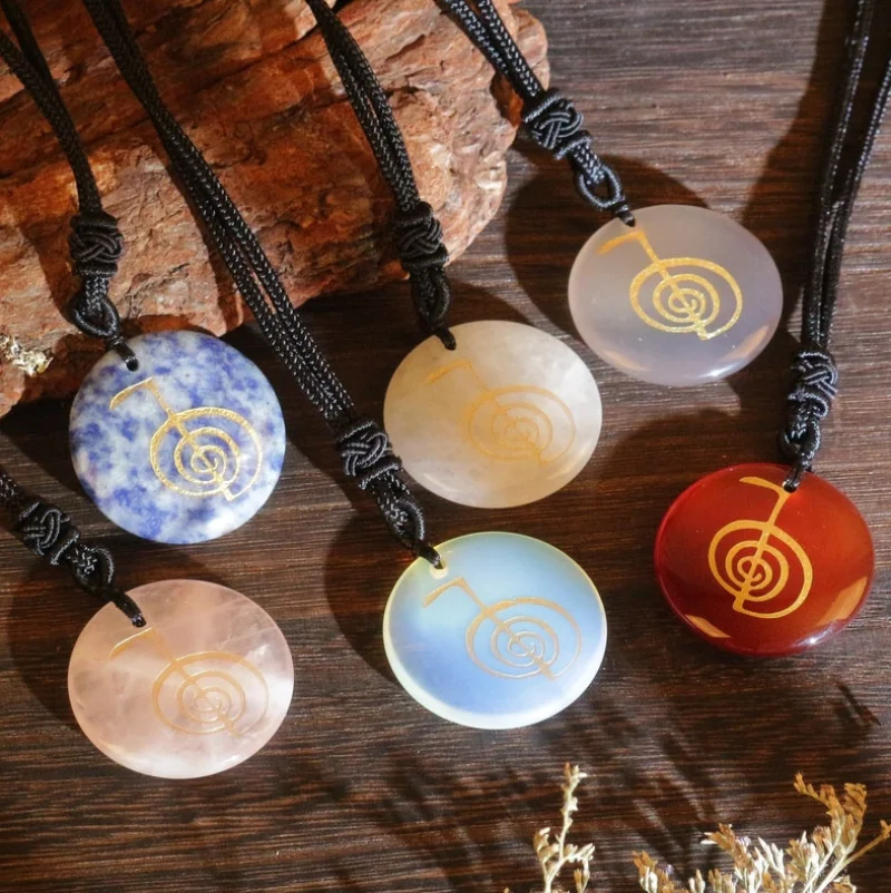 Sacred Symbol Natural Crystal Pendant Necklace (5 pieces) – Hand-Engraved Rune, Pentacle, Tree of Life & Egyptian Eye of Horus Designs | Multiple Natural Gemstone Choices | Spiritual Energy Jewelry for Tarot, Witchcraft & Metaphysical Gifts
