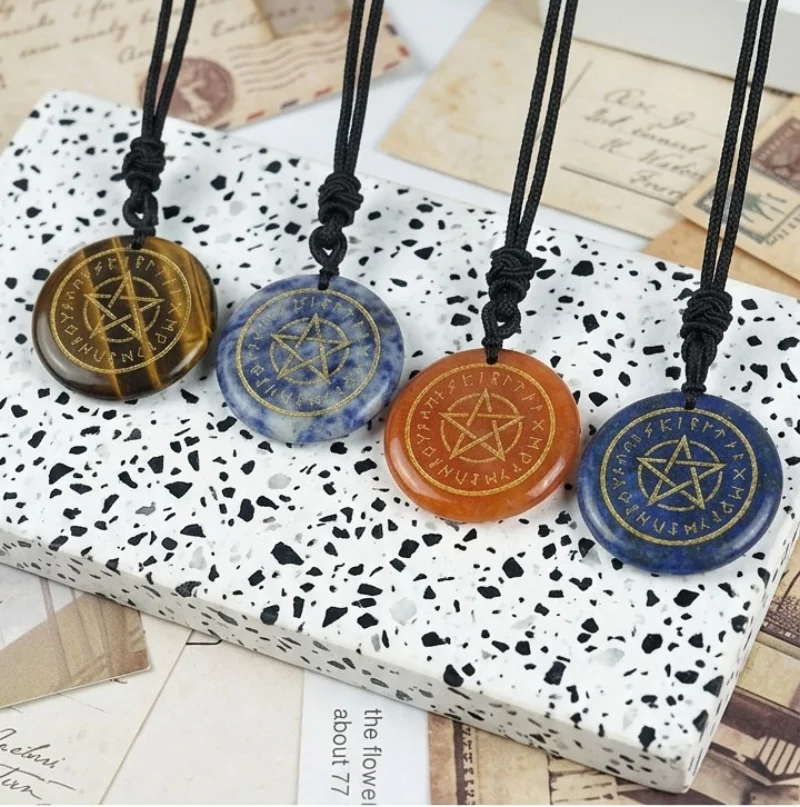 Sacred Symbol Natural Crystal Pendant Necklace (5 pieces) – Hand-Engraved Rune, Pentacle, Tree of Life & Egyptian Eye of Horus Designs | Multiple Natural Gemstone Choices | Spiritual Energy Jewelry for Tarot, Witchcraft & Metaphysical Gifts