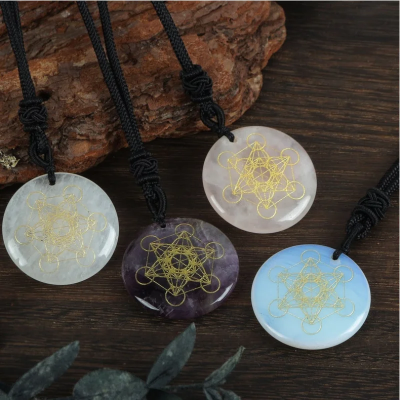 Sacred Symbol Natural Crystal Pendant Necklace (5 pieces) – Hand-Engraved Rune, Pentacle, Tree of Life & Egyptian Eye of Horus Designs | Multiple Natural Gemstone Choices | Spiritual Energy Jewelry for Tarot, Witchcraft & Metaphysical Gifts